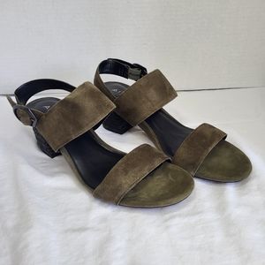 Aldo open toe low square heel sling back olive green suede sandal. Size 7